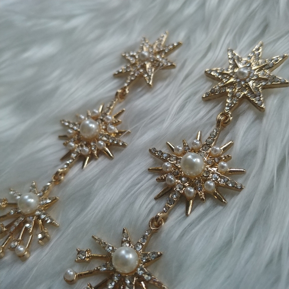 Gold Pearl Crystal Star Burst 3 Tier Drop Earrings - Picture 8 of 11
